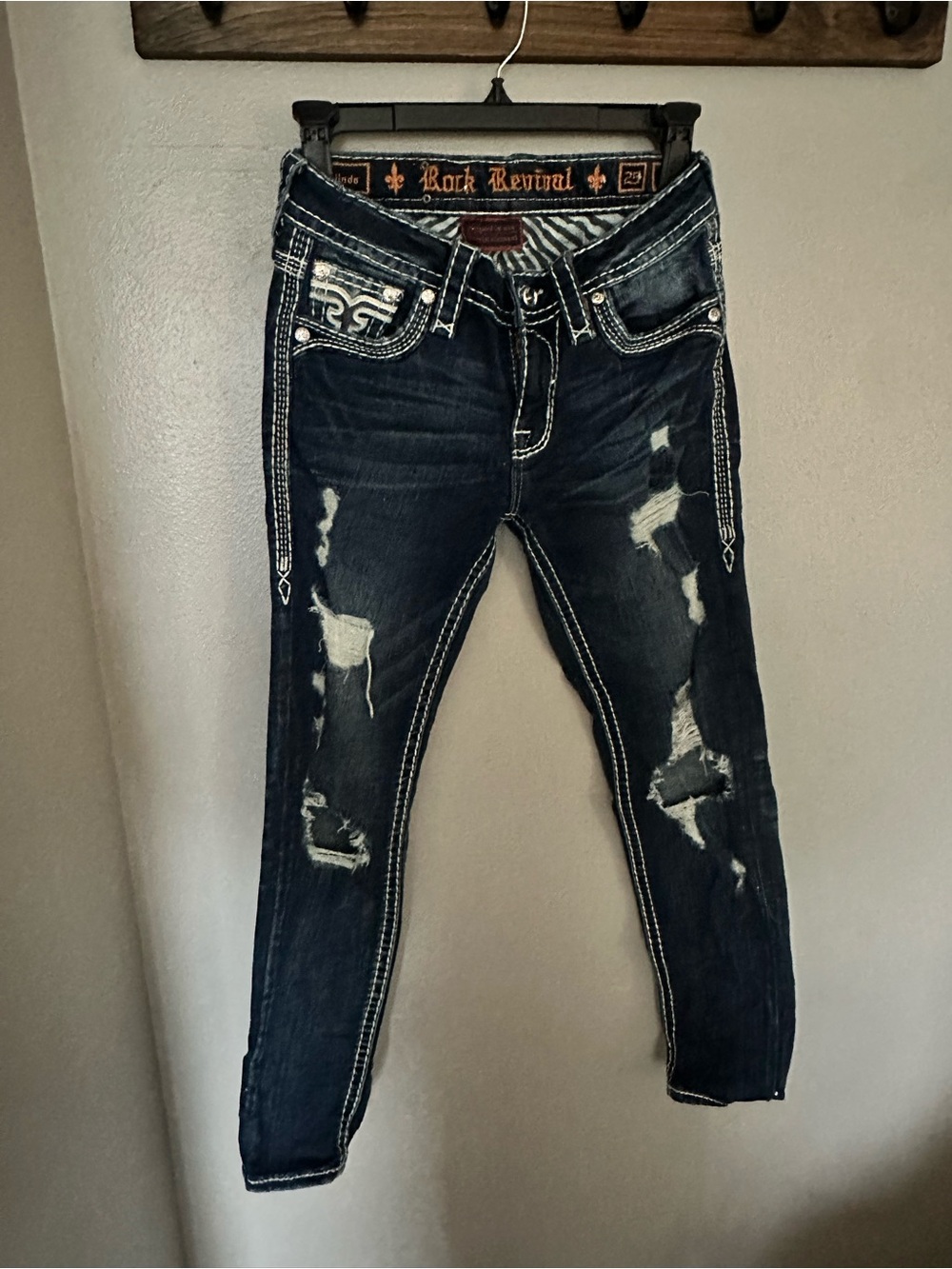 Rock Revival Dark Blue Embroidered Waistband Skinny Jeans